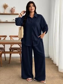 Enliva Setelan 2 Potong Linen Biru untuk Wanita Ukuran Besar: Kemeja Kancing Lengan 3/4 dan Celana Panjang Lebar, Pakaian Kasual - Navy Blue - View 10