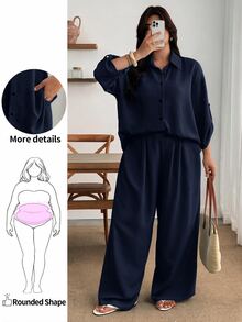 Enliva Setelan 2 Potong Linen Biru untuk Wanita Ukuran Besar: Kemeja Kancing Lengan 3/4 dan Celana Panjang Lebar, Pakaian Kasual - Navy Blue - View 2