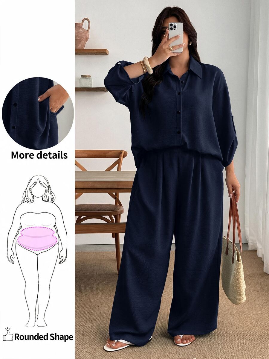 Enliva Setelan 2 Potong Linen Biru untuk Wanita Ukuran Besar: Kemeja Kancing Lengan 3/4 dan Celana Panjang Lebar, Pakaian Kasual