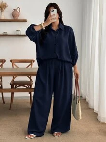 Enliva Setelan 2 Potong Linen Biru untuk Wanita Ukuran Besar: Kemeja Kancing Lengan 3/4 dan Celana Panjang Lebar, Pakaian Kasual - Navy Blue - View 8