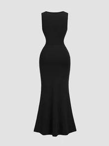 Sunnyshic Women's Black Elegant Sleeveless Mermaid Long Dress With Contrast Lace Waist - Matte Black - View 2