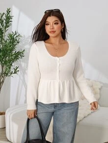 Solflare Plus Size Women's Autumn/Winter Beige Button Half-Placket Pullover Sweater - Beige - View 3