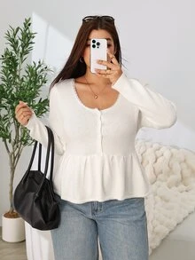 Solflare Plus Size Women's Autumn/Winter Beige Button Half-Placket Pullover Sweater - Beige - View 6