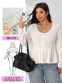 Solflare Plus Size Women's Autumn/Winter Beige Button Half-Placket Pullover Sweater - Beige - View 1
