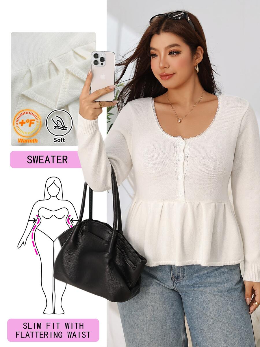 Solflare Plus Size Women's Autumn/Winter Beige Button Half-Placket Pullover Sweater - Beige - View 1
