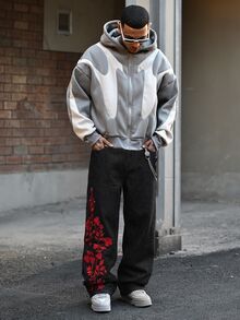 Devon Thys Hearty Haven 1件裝 男士時尚街頭風刺繡寬腿牛仔褲 寬鬆舒適 全季百搭 不含腰帶與配件 - 黑色 - 查看 2
