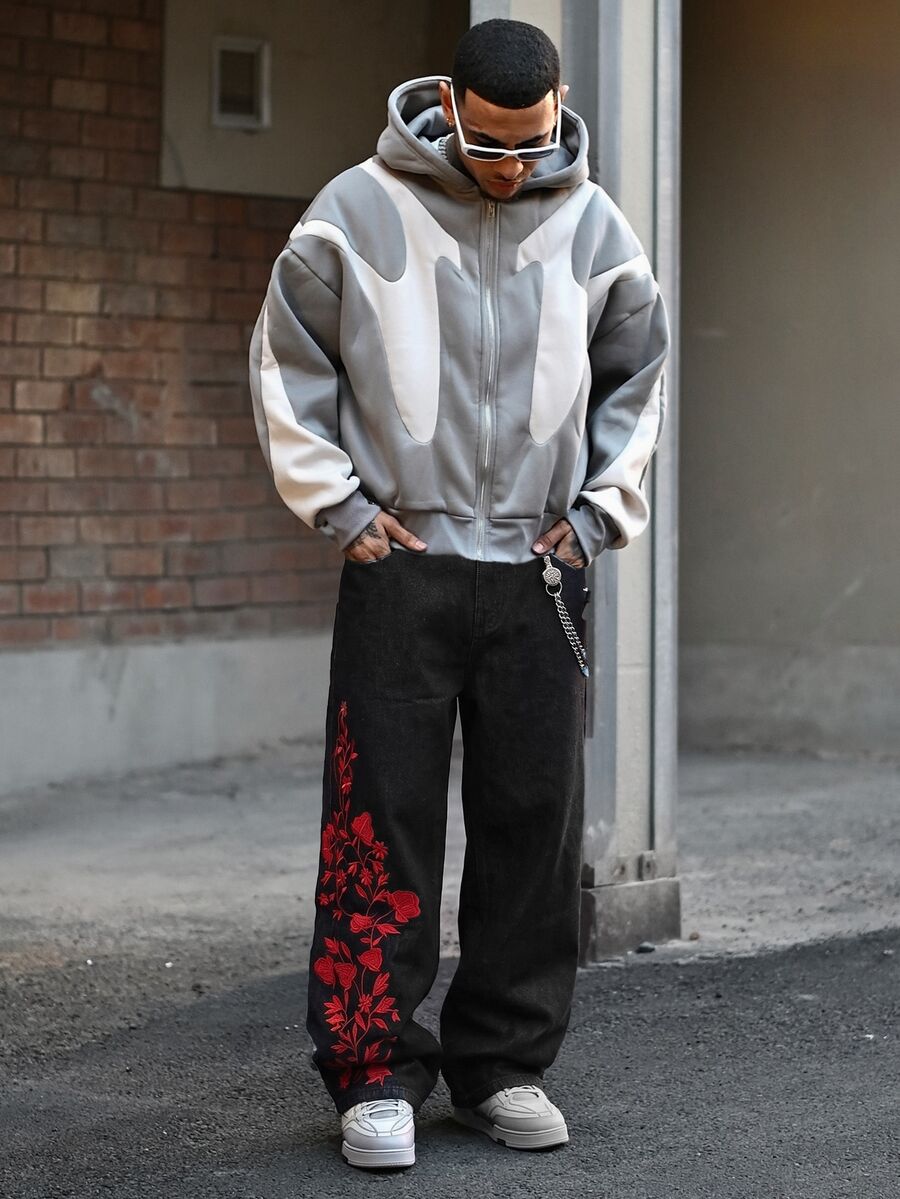 Devon Thys Hearty Haven 1件裝 男士時尚街頭風刺繡寬腿牛仔褲 寬鬆舒適 全季百搭 不含腰帶與配件