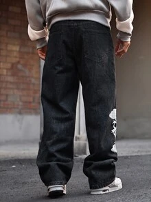 Devon Thys Hearty Haven 1件裝男士時尚街頭風刺繡寬腿牛仔褲，寬鬆舒適，四季百搭，不含腰帶與配件 - 黑色 - 查看 3