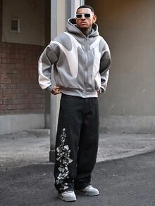 Devon Thys Hearty Haven 1件裝男士時尚街頭風刺繡寬腿牛仔褲，寬鬆舒適，四季百搭，不含腰帶與配件 - 黑色 - 查看 7