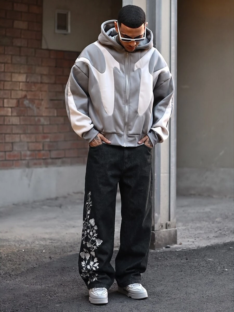 Devon Thys Hearty Haven 1件裝男士時尚街頭風刺繡寬腿牛仔褲，寬鬆舒適，四季百搭，不含腰帶與配件
