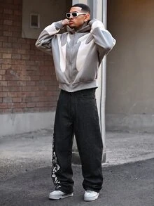 Devon Thys Hearty Haven 1件裝男士時尚街頭風刺繡寬腿牛仔褲，寬鬆舒適，四季百搭，不含腰帶與配件 - 黑色 - 查看 5