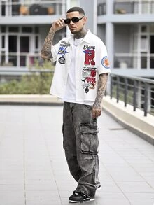 Devon Thys 男士简约兔子字母印花短袖全印花短款衬衫，适合夏季、朋友礼物、家庭/情侣搭配 - 白色 - 查看 6