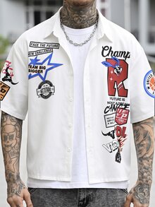 Devon Thys 男士简约兔子字母印花短袖全印花短款衬衫，适合夏季、朋友礼物、家庭/情侣搭配 - 白色 - 查看 3