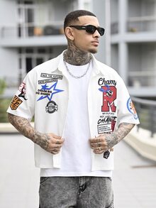 Devon Thys 男士简约兔子字母印花短袖全印花短款衬衫，适合夏季、朋友礼物、家庭/情侣搭配 - 白色 - 查看 5