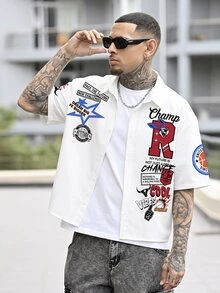Devon Thys 男士简约兔子字母印花短袖全印花短款衬衫，适合夏季、朋友礼物、家庭/情侣搭配 - 白色 - 查看 4