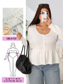 Solflare Plus Size Women's Autumn/Winter Beige Button Half-Placket Pullover Sweater - Beige - View 1