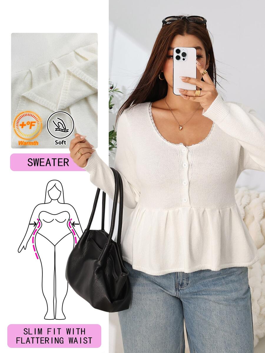 Solflare Plus Size Women's Autumn/Winter Beige Button Half-Placket Pullover Sweater - Beige - View 1