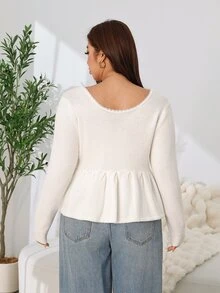 Solflare Plus Size Women's Autumn/Winter Beige Button Half-Placket Pullover Sweater - Beige - View 2