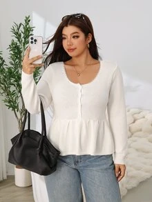 Solflare Plus Size Women's Autumn/Winter Beige Button Half-Placket Pullover Sweater - Beige - View 6