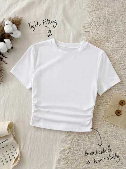 SHEIN Kaos Crop Fit Warna Polos dengan Desain Kerut untuk Remaja Perempuan