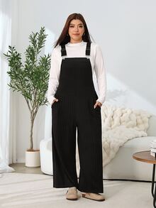 Solflare Plus Size Textured Fashion Pocket Loose Jumpsuit - Black - View 7