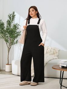 Solflare Plus Size Textured Fashion Pocket Loose Jumpsuit - Black - View 3