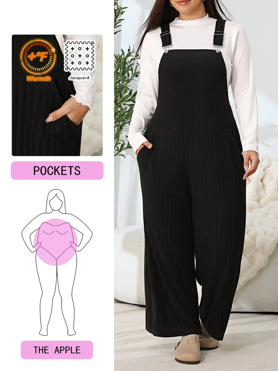 Solflare Plus Size Textured Fashion Pocket Loose Jumpsuit - Black - View 1