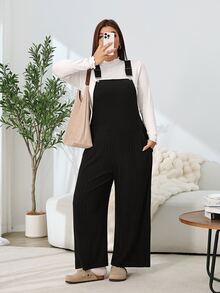 Solflare Plus Size Textured Fashion Pocket Loose Jumpsuit - Black - View 4
