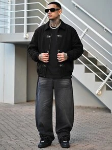Devon Thys 男士長袖休閒夾克，附按扣門襟 - 黑色 - 查看 1