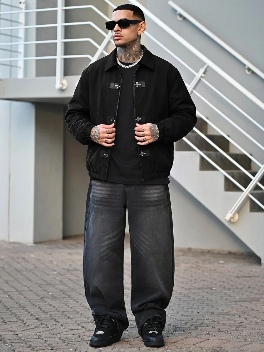 Devon Thys 男士長袖休閒夾克,附按扣門襟 - 黑色 - 查看 1