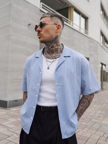 Artur Kramer 男士条纹简约休闲长袖衬衫 - 藍色 - 查看 6