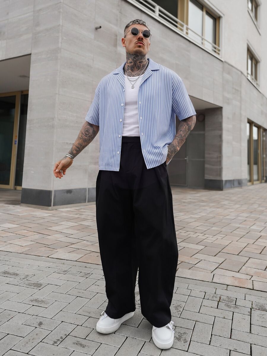 Artur Kramer 男士条纹简约休闲长袖衬衫 - 藍色 - 查看 1