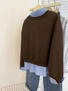 Resyla Women's Korean Street Style Striped Patchwork 2 In 1 Sweatshirt - Brown - View 2