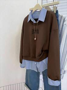 Resyla Women's Korean Street Style Striped Patchwork 2 In 1 Sweatshirt - Brown - View 1