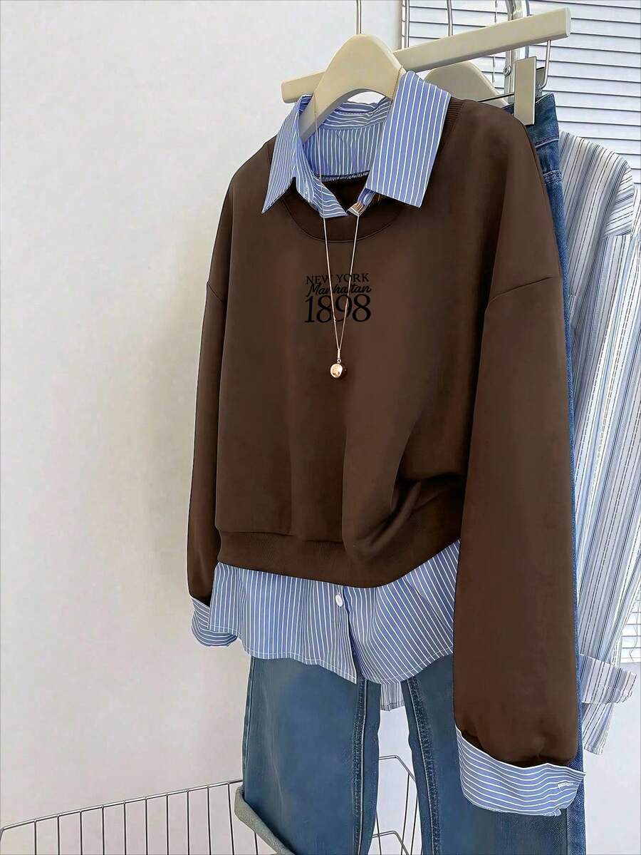 Resyla Women's Korean Street Style Striped Patchwork 2 In 1 Sweatshirt - Brown - View 1