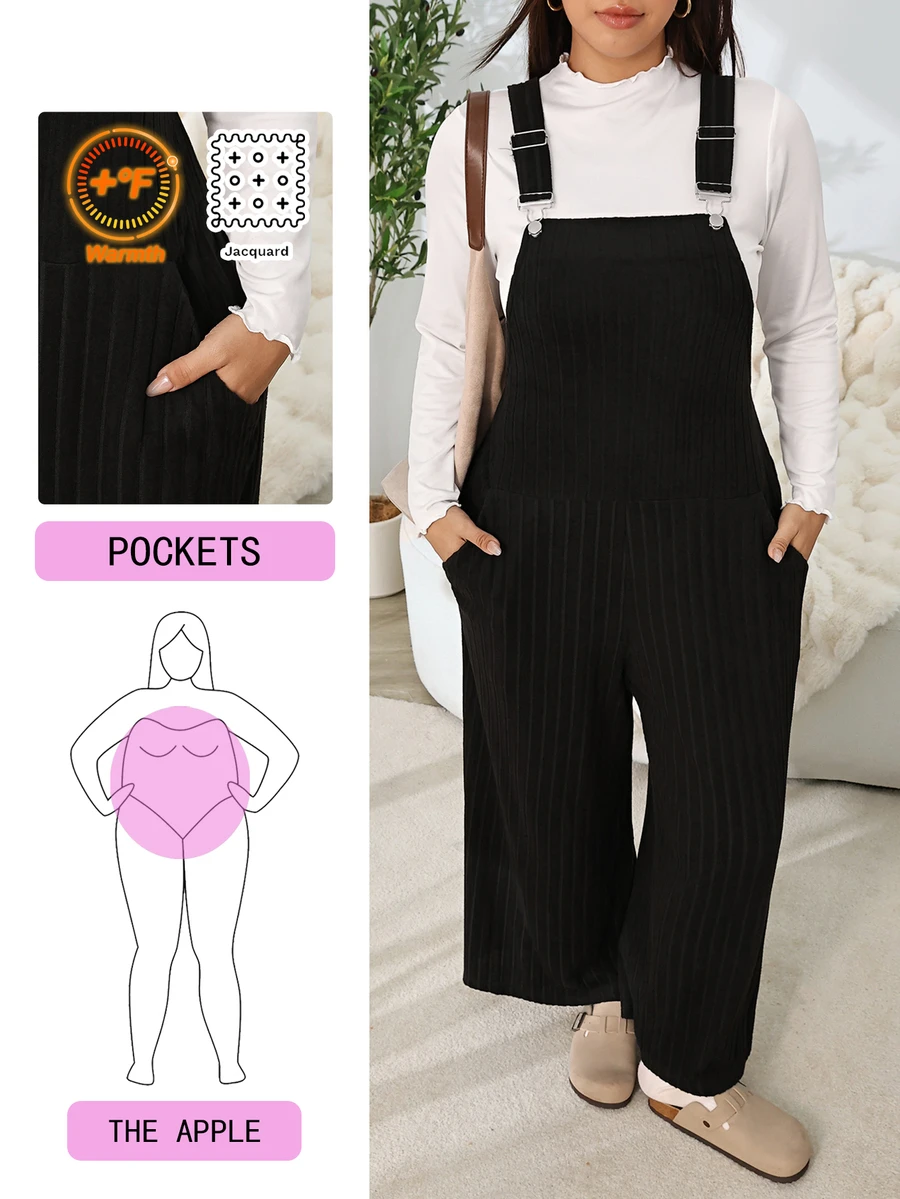 Solflare Plus Size Textured Fashion Pocket Loose Jumpsuit - Black - View 1