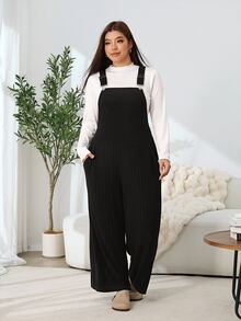 Solflare Plus Size Textured Fashion Pocket Loose Jumpsuit - Black - View 5