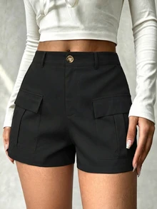 Flirla Plus Size Solid Color Shorts With Flap Pocket - Black - View 1