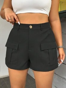 Flirla Plus Size Solid Color Shorts With Flap Pocket - Black - View 3