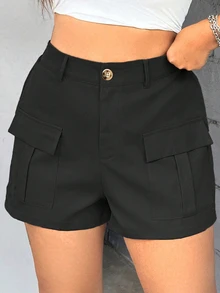 Flirla Plus Size Solid Color Shorts With Flap Pocket - Black - View 4