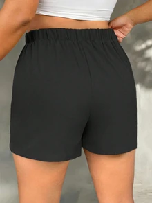 Flirla Plus Size Solid Color Shorts With Flap Pocket - Black - View 2