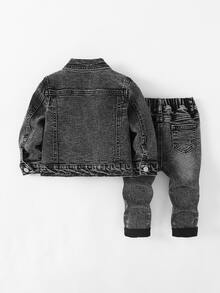 SHEIN 2件套婴儿/幼儿男童黑色牛仔做旧外套和弹力修身裤套装 - 黑色 - 查看 2