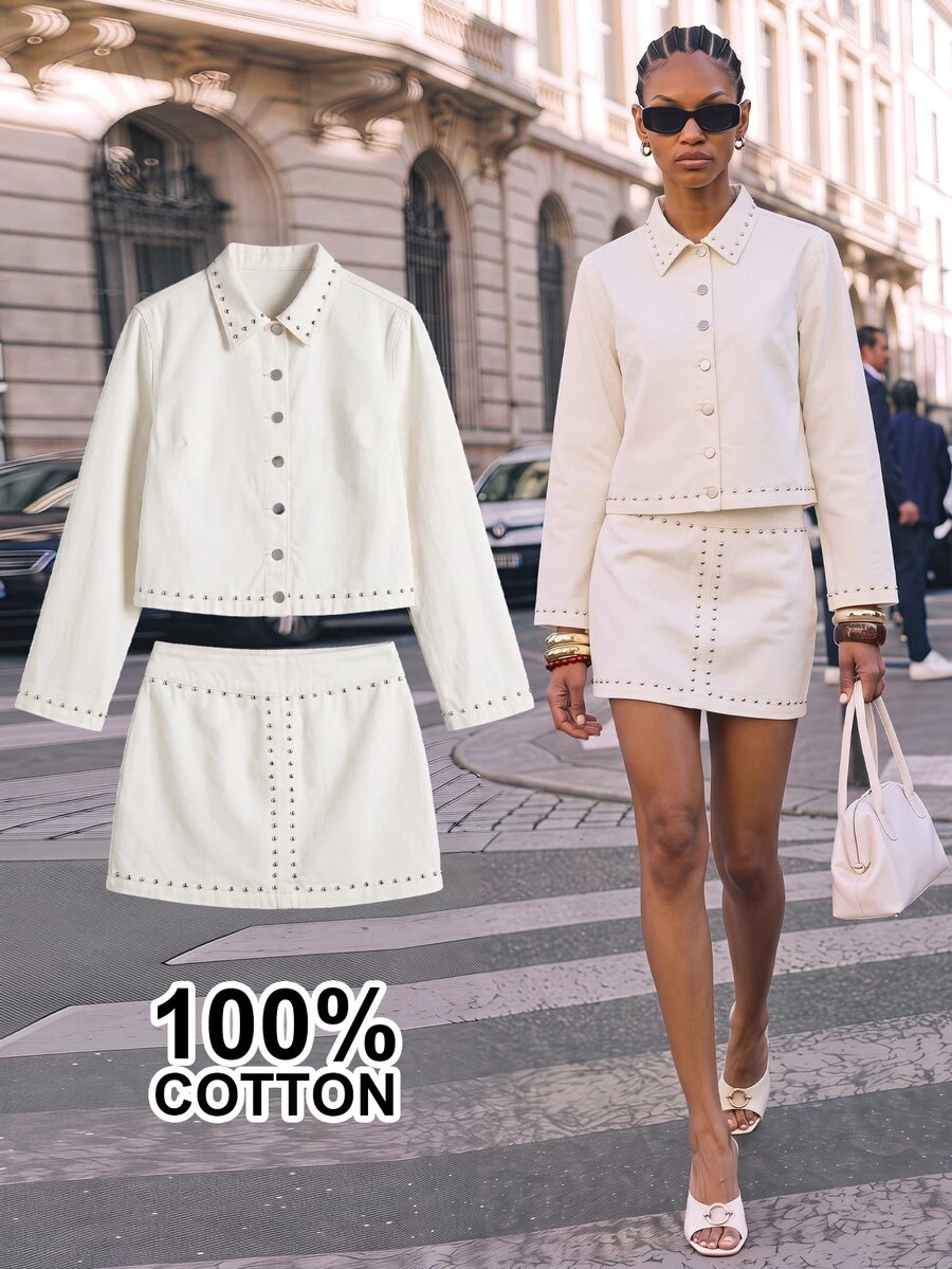 Maija Women's Long Sleeve Single-Breasted Jacket And Mini Skirt Casual Denim 2 Piece Set, Rivet Decor Denim Outfits, Fall Winter Fashionable Outfits, Party.