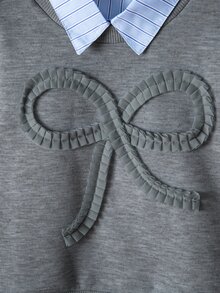 Genkimix Kids 女童幼兒運動衫與運動長褲套裝，2合1條紋布料拼接運動衫，正面3D蝴蝶結裝飾，休閒時尚，適合秋冬外出、上學、派對 - 灰色 - 查看 4