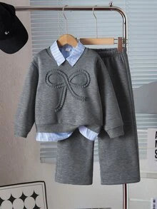 Genkimix Kids 女童幼兒運動衫與運動長褲套裝，2合1條紋布料拼接運動衫，正面3D蝴蝶結裝飾，休閒時尚，適合秋冬外出、上學、派對 - 灰色 - 查看 1