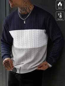 EGENSIO Men's Colorblock Crew Neck Long Sleeve Casual Versatile Pullover Sweatshirt - Navy Blue - View 1