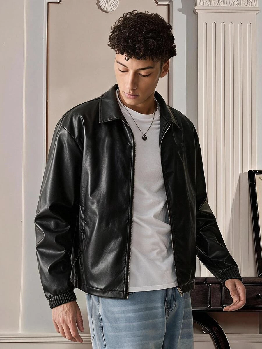 SWAVVY Men's Woven Fashion Casual Young PU Leather Slim Fit Long Sleeve Jacket - Black - View 1