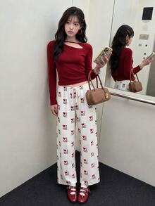 K-Vae 女士字母与心形印花抽绳腰直筒宽松休闲裤 - 白色 - 查看 1
