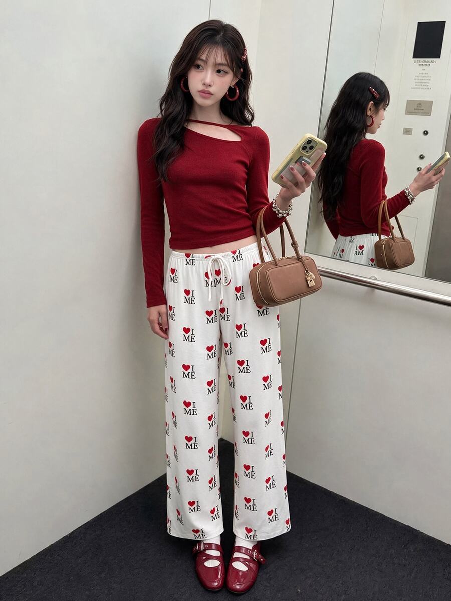 K-Vae 女士字母与心形印花抽绳腰直筒宽松休闲裤 - 白色 - 查看 1