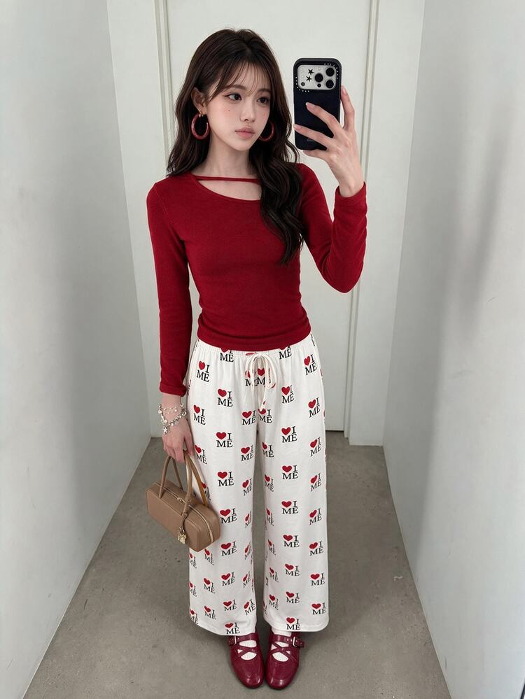 K-Vae Women's Casual Cute Heart Cartoon Bear Printed Drawstring Waist Long Pants Valentine Day Lounge White Autumn - White - View 6